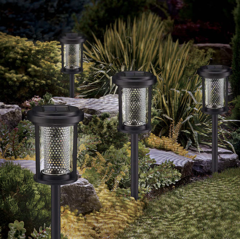 Solar powered lights in a garden and yard.